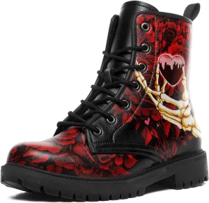 Gothic Boots Skull Rose Combat Boots Lace-Up Ankle Booties Fashion Leather Work Boots