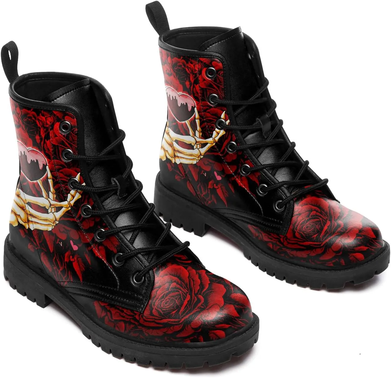 Gothic Boots Skull Rose Combat Boots Lace-Up Ankle Booties Fashion Leather Work Boots