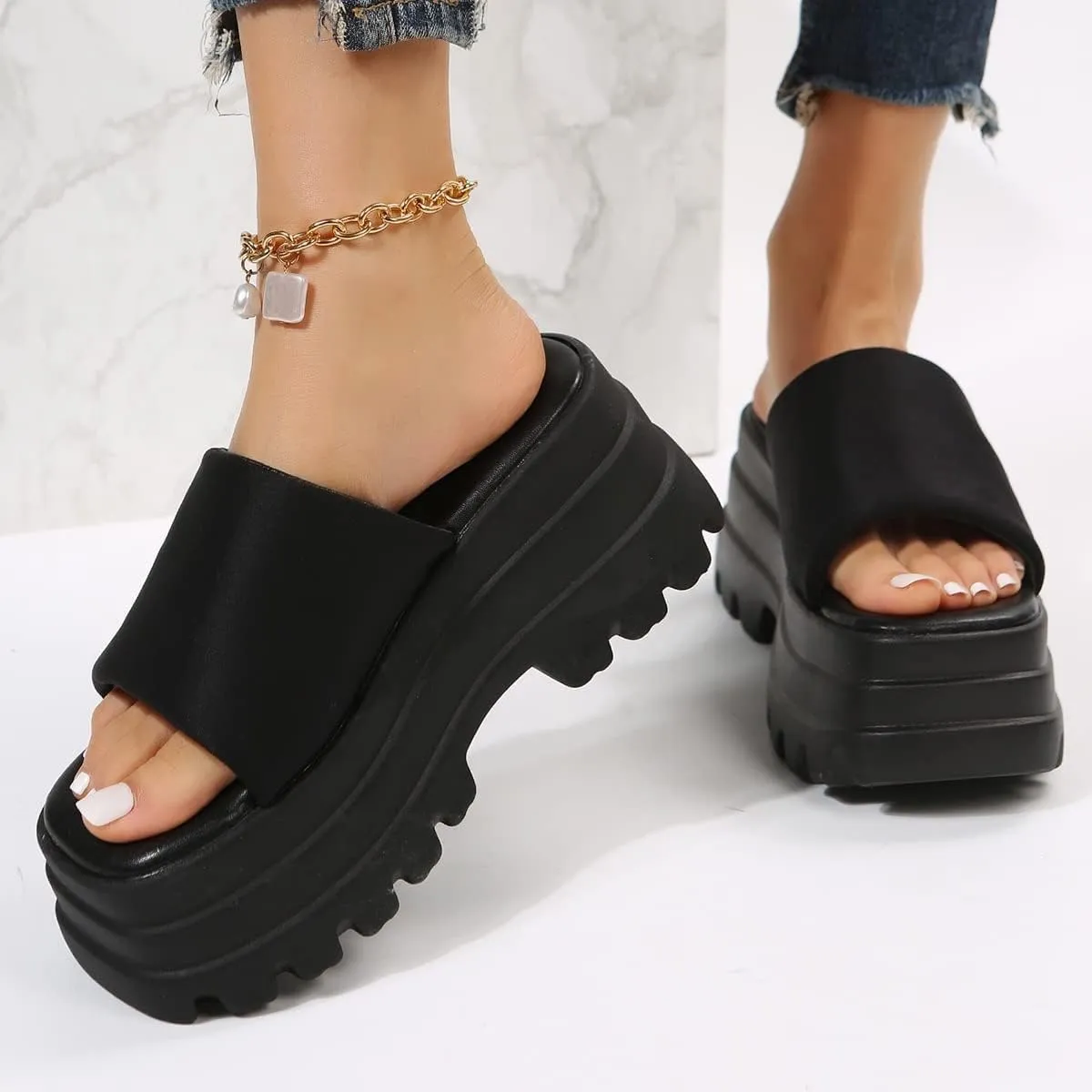 Gothniero women black platform sandals goth chunky wedge heel summer sandals girls gothic punk platform sandals for women metallic spider buckles slides size 5.5-11