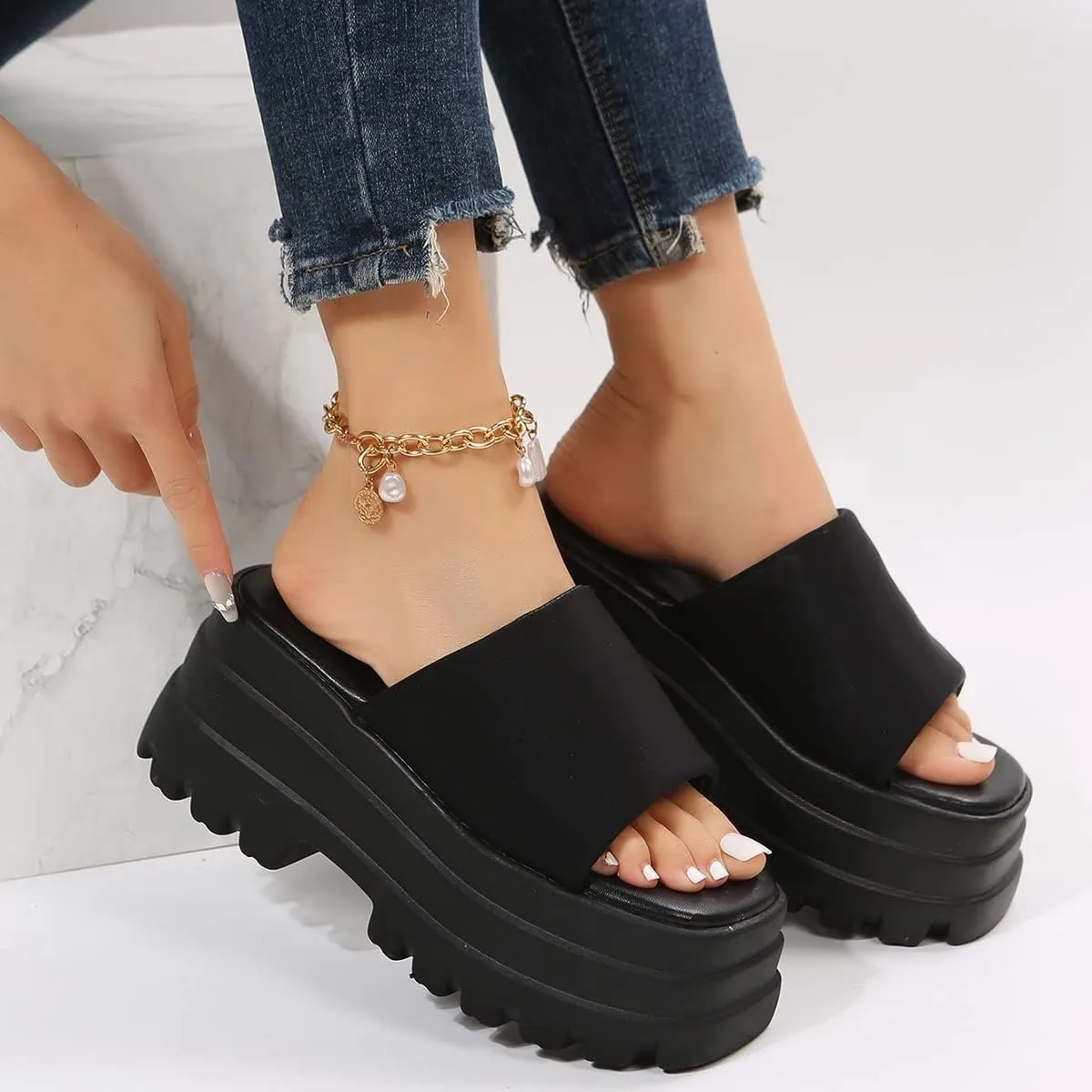 Gothniero women black platform sandals goth chunky wedge heel summer sandals girls gothic punk platform sandals for women metallic spider buckles slides size 5.5-11