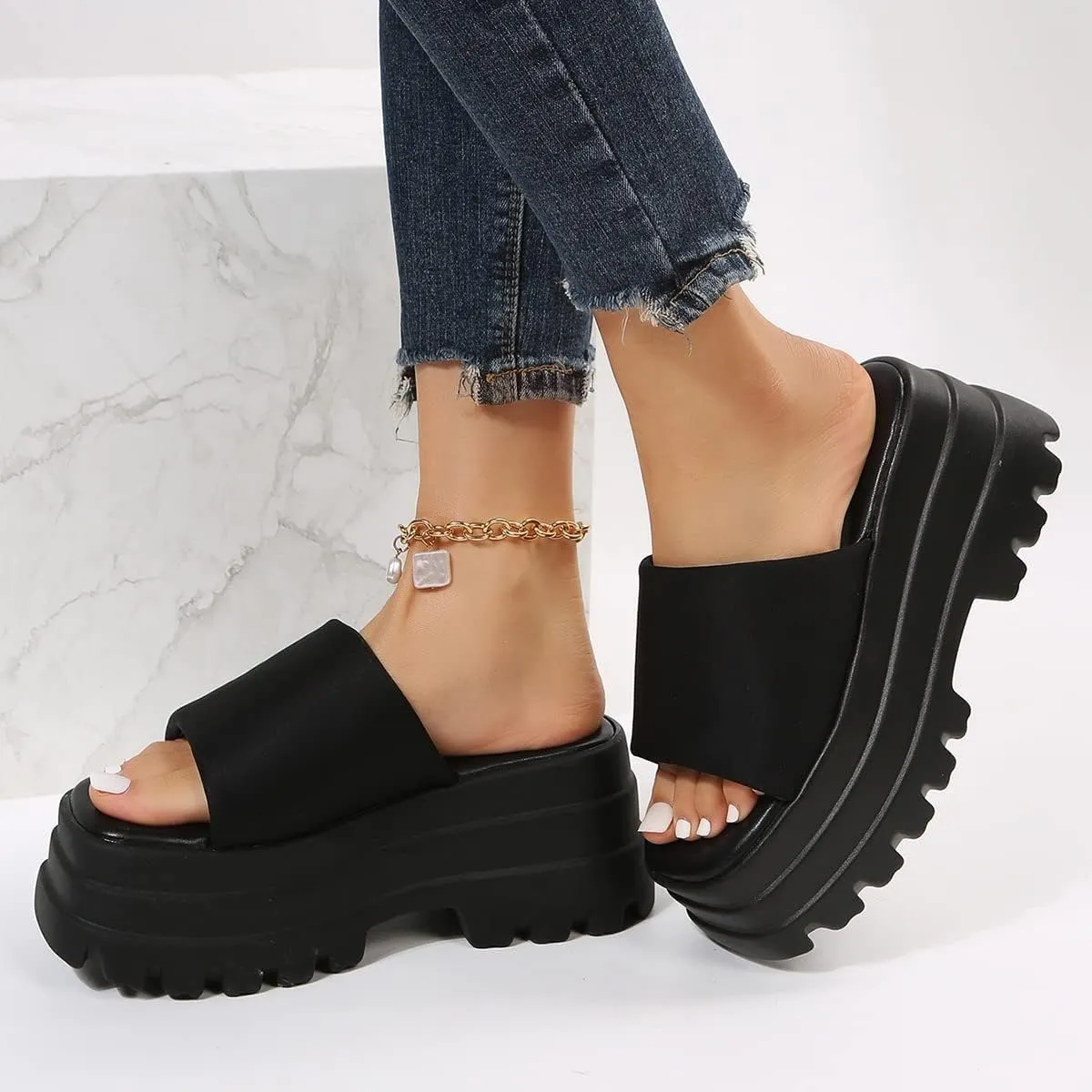 Gothniero women black platform sandals goth chunky wedge heel summer sandals girls gothic punk platform sandals for women metallic spider buckles slides size 5.5-11