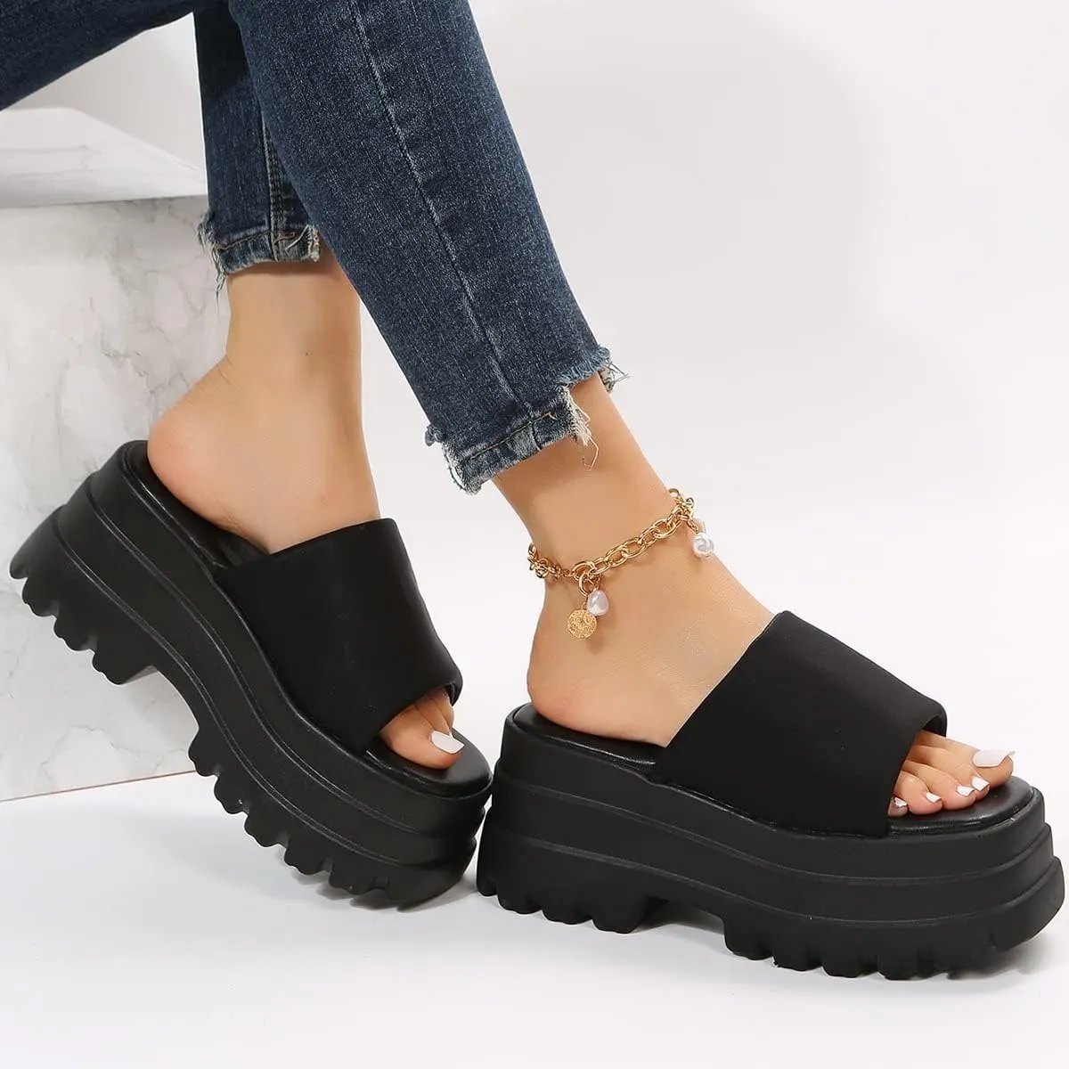 Gothniero women black platform sandals goth chunky wedge heel summer sandals girls gothic punk platform sandals for women metallic spider buckles slides size 5.5-11