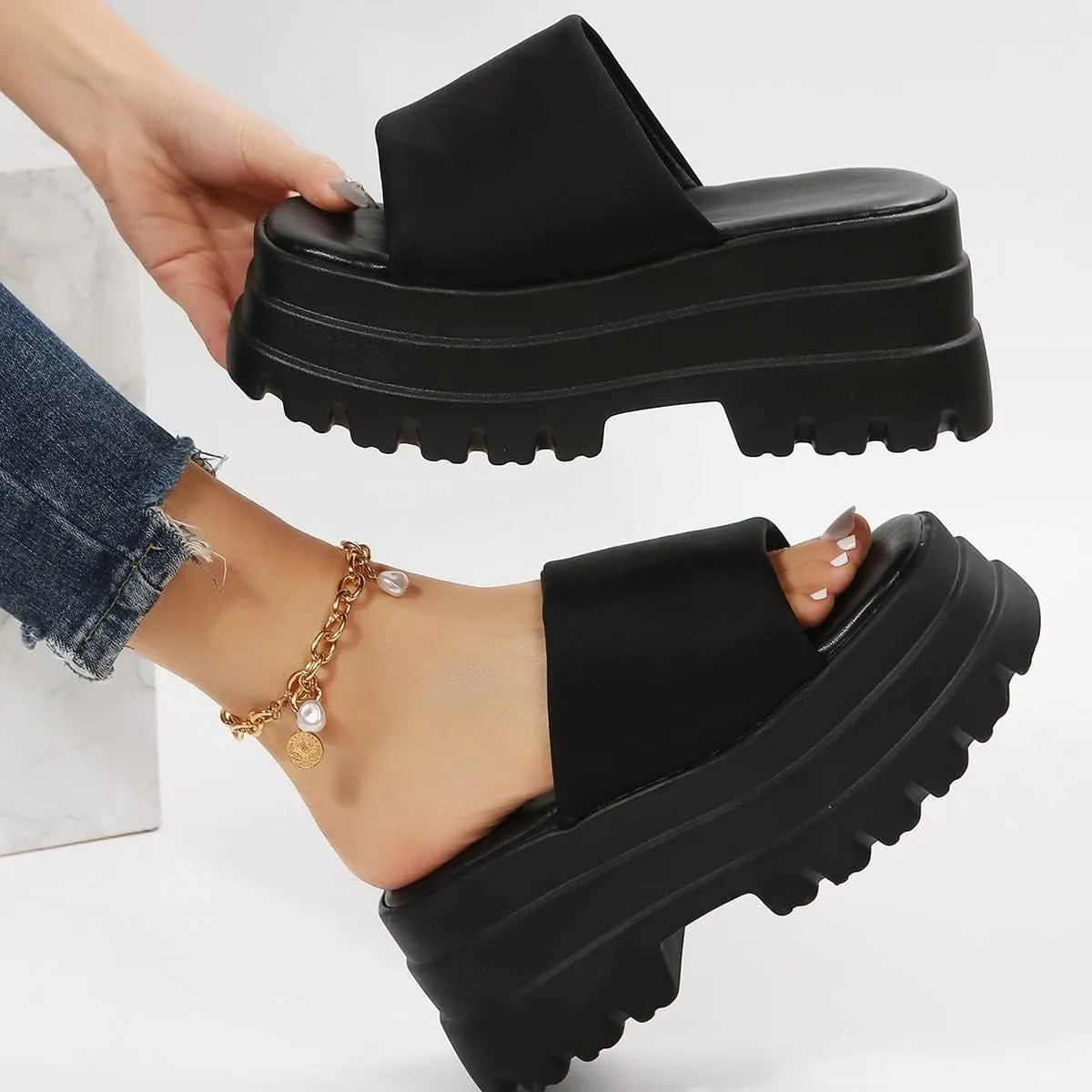 Gothniero women black platform sandals goth chunky wedge heel summer sandals girls gothic punk platform sandals for women metallic spider buckles slides size 5.5-11