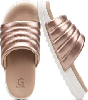 GPOS Womens Slides with Memory Foam Soft Cushioned Cozy House Slippers for Woman Comfy Open Toe Ladies Sandals Leather Slip on Bedroom Shoes Plantar Fasciitis Indoor Outdoor