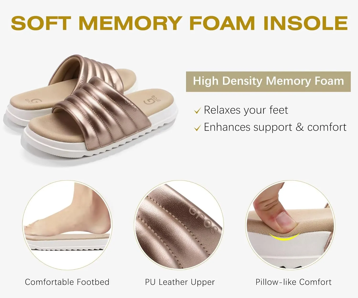 GPOS Womens Slides with Memory Foam Soft Cushioned Cozy House Slippers for Woman Comfy Open Toe Ladies Sandals Leather Slip on Bedroom Shoes Plantar Fasciitis Indoor Outdoor