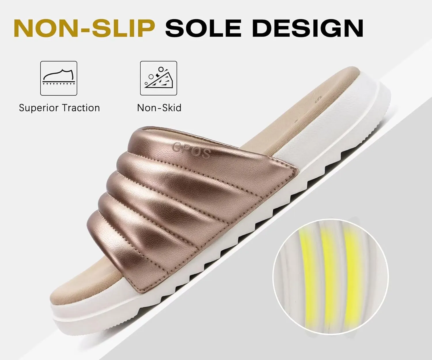 GPOS Womens Slides with Memory Foam Soft Cushioned Cozy House Slippers for Woman Comfy Open Toe Ladies Sandals Leather Slip on Bedroom Shoes Plantar Fasciitis Indoor Outdoor