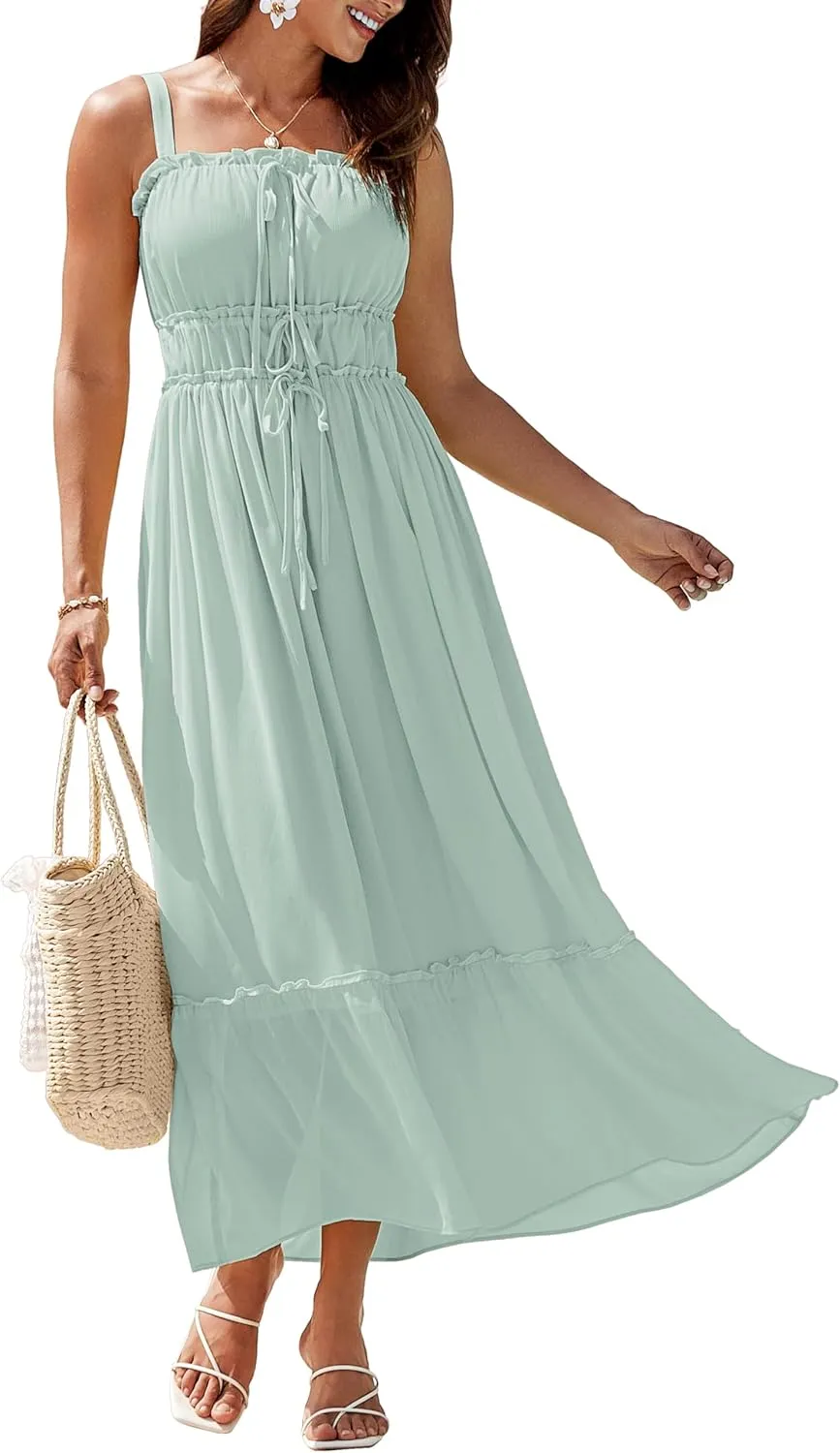 GRACE KARIN 2025 Womens Summer Flowy A-line Boho Dresses Spaghetti Strap Long Beach Sundress Smocked Maxi Dress with Pockets