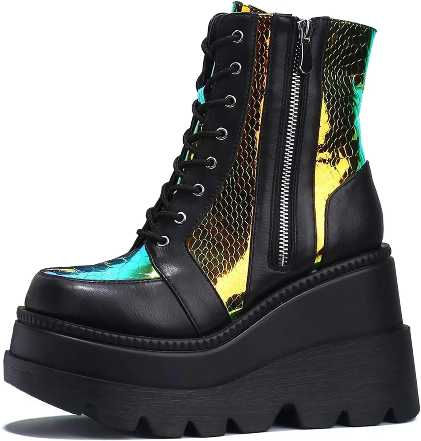 GUNIYIFS Womens Platform Ankle Boots Gothic Combat Boots Wedges Chunky Heel Booties Studded Buckle Lace Up Round Toe Boots