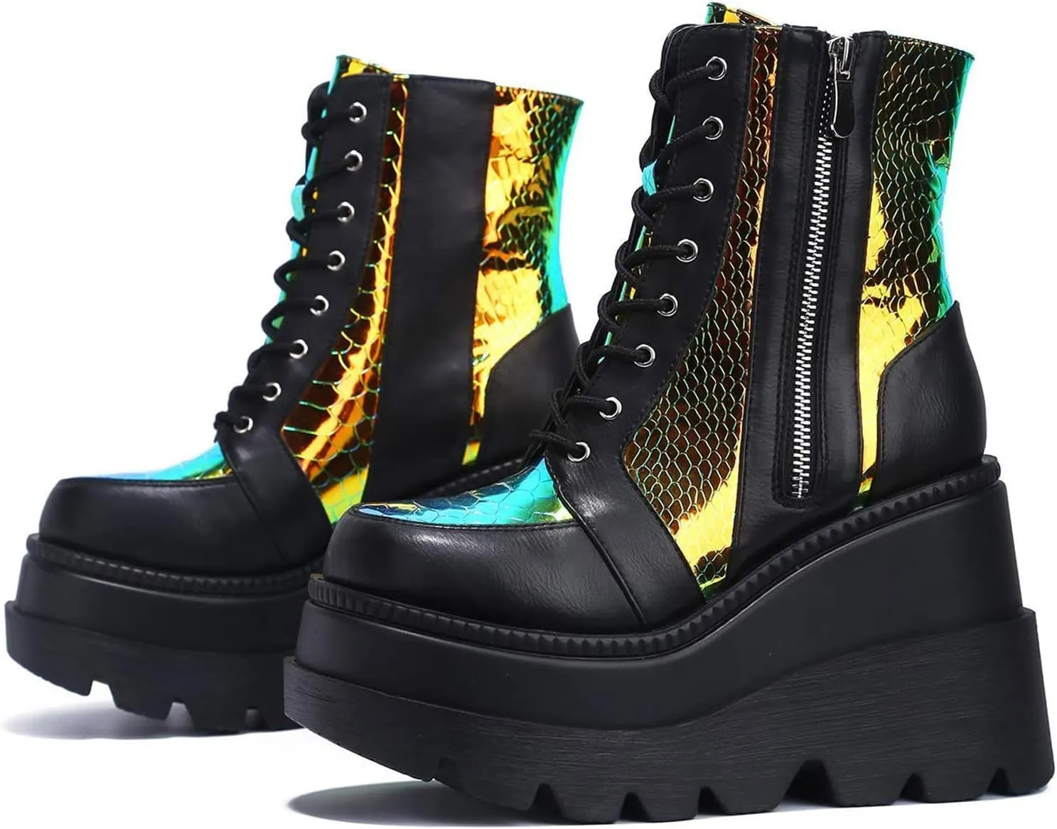 GUNIYIFS Womens Platform Ankle Boots Gothic Combat Boots Wedges Chunky Heel Booties Studded Buckle Lace Up Round Toe Boots