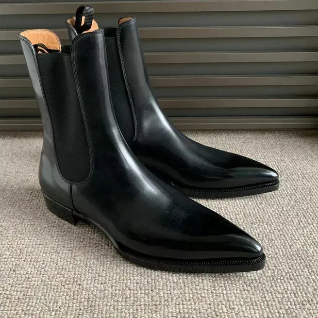 Handmade Black Leather Chelsea Dress Ankle Pull On Boot
