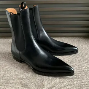 Handmade Black Leather Chelsea Dress Ankle Pull On Boot