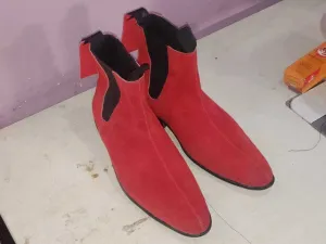 Handmade Red Suede Chelsea Ankle Boots for Men, Men Boots