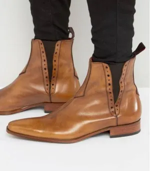Handmade Tan Chelsea Brogue Ankle Boots for Men