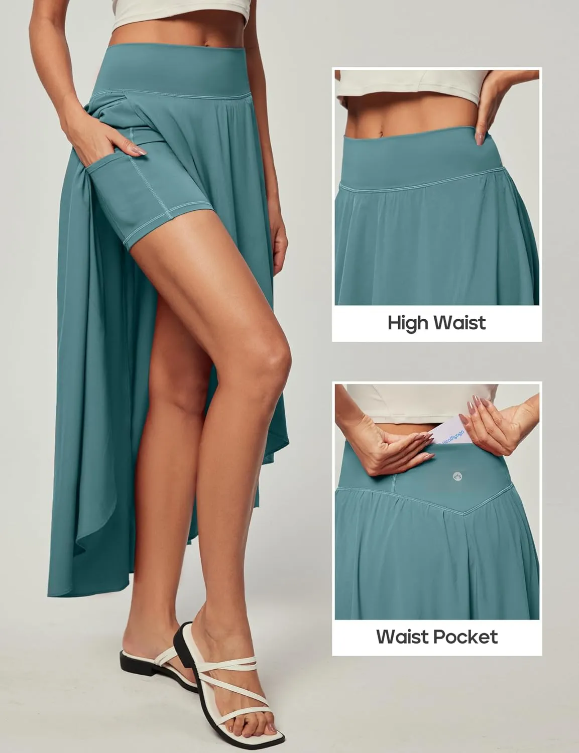 Heathyoga High Waist Wrap Skirt with Shorts Flowy Skirts for Women Trendy Summer Ruffle High Low Maxi Skirt with Slit