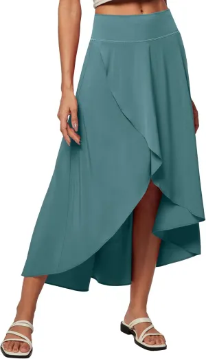 Heathyoga High Waist Wrap Skirt with Shorts Flowy Skirts for Women Trendy Summer Ruffle High Low Maxi Skirt with Slit