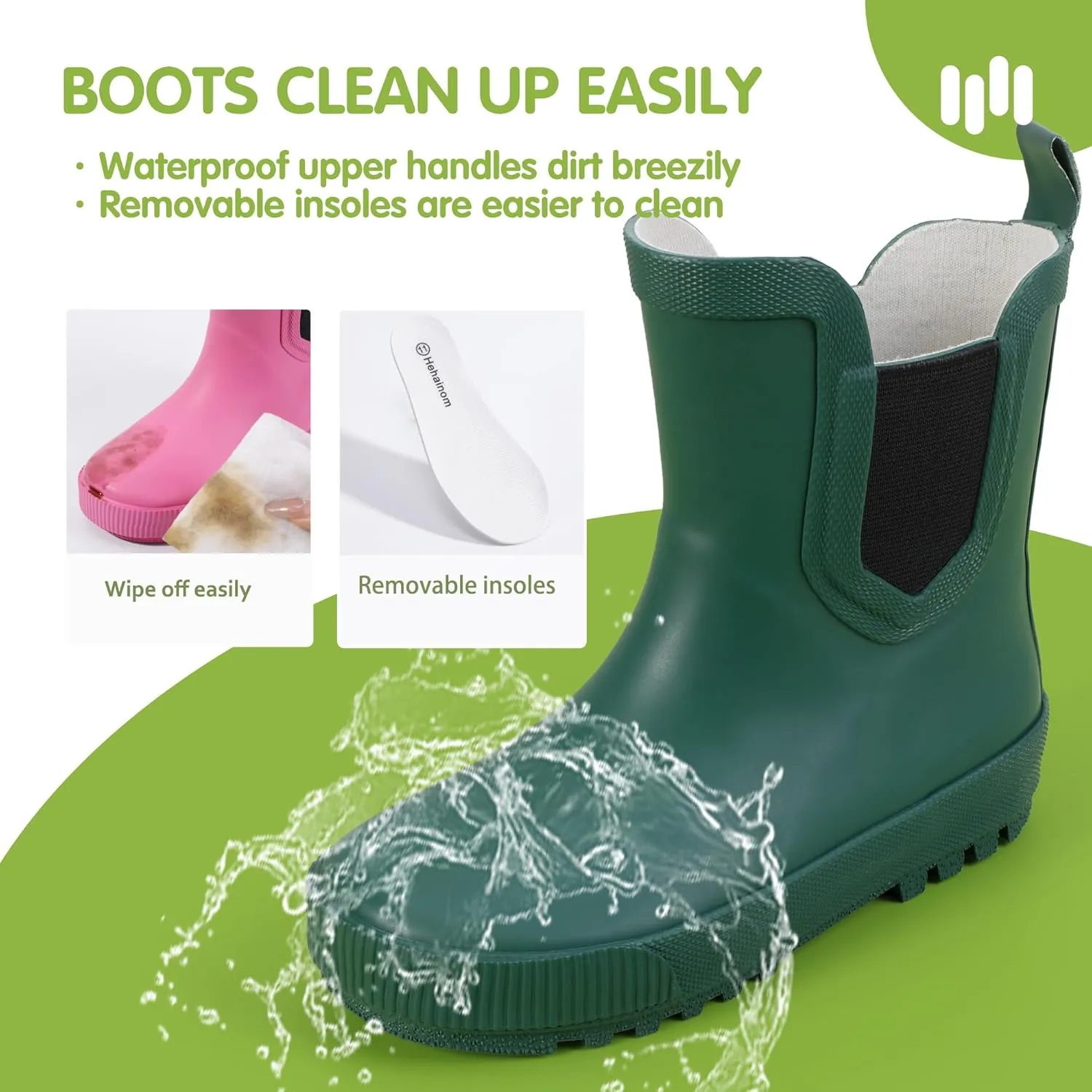 Hehainom Toddler Kids Rain Boots for Girls Boys Waterproof Rainboots Easy-on Light Weight Chelsea Rain Shoes