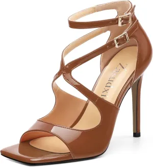 High Heels for Women, Women's Stiletto Heels Cross Strappy Square Open Toe Sexy Sandals Ankle Strap Buckle High Heels Fashion Dress Prom Sandals