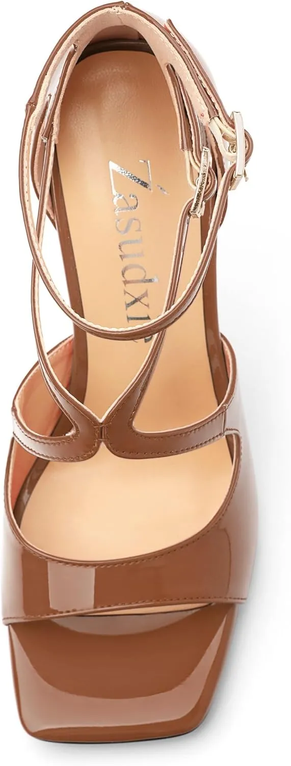 High Heels for Women, Women's Stiletto Heels Cross Strappy Square Open Toe Sexy Sandals Ankle Strap Buckle High Heels Fashion Dress Prom Sandals