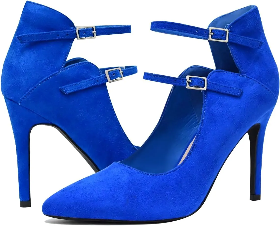 High Heels Pumps for Women 3.7-Inch Closed Toe Pumps Dress Shoes Trendy Two Ankle Strap Pointed Toe Sexy Stiletto Heels for Prom Business Party Wedding