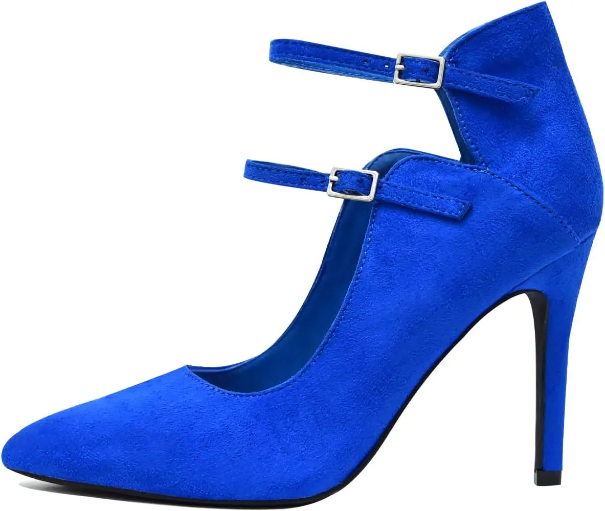 High Heels Pumps for Women 3.7-Inch Closed Toe Pumps Dress Shoes Trendy Two Ankle Strap Pointed Toe Sexy Stiletto Heels for Prom Business Party Wedding