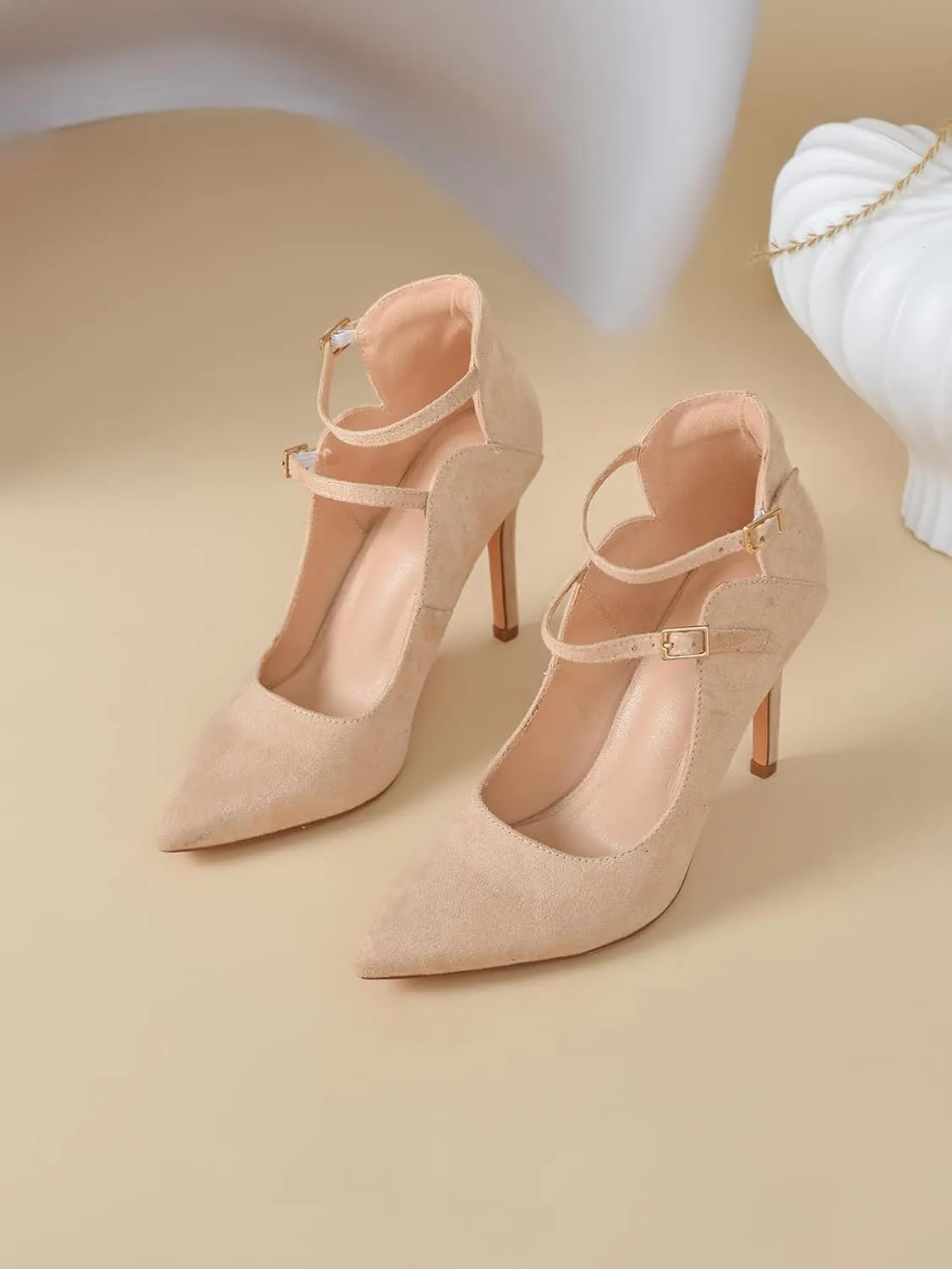 High Heels Pumps for Women 3.7-Inch Closed Toe Pumps Dress Shoes Trendy Two Ankle Strap Pointed Toe Sexy Stiletto Heels for Prom Business Party Wedding