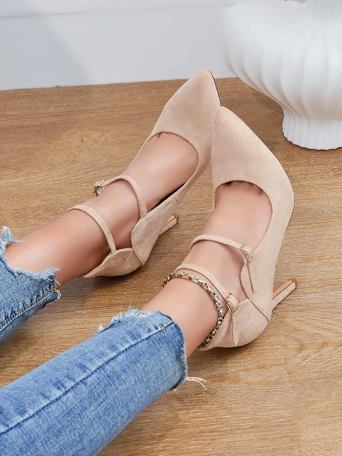 High Heels Pumps for Women 3.7-Inch Closed Toe Pumps Dress Shoes Trendy Two Ankle Strap Pointed Toe Sexy Stiletto Heels for Prom Business Party Wedding