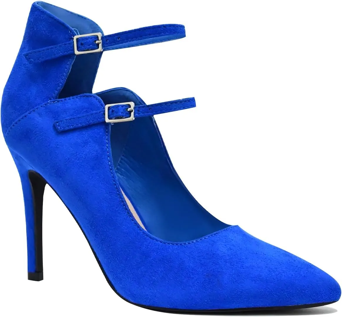 High Heels Pumps for Women 3.7-Inch Closed Toe Pumps Dress Shoes Trendy Two Ankle Strap Pointed Toe Sexy Stiletto Heels for Prom Business Party Wedding
