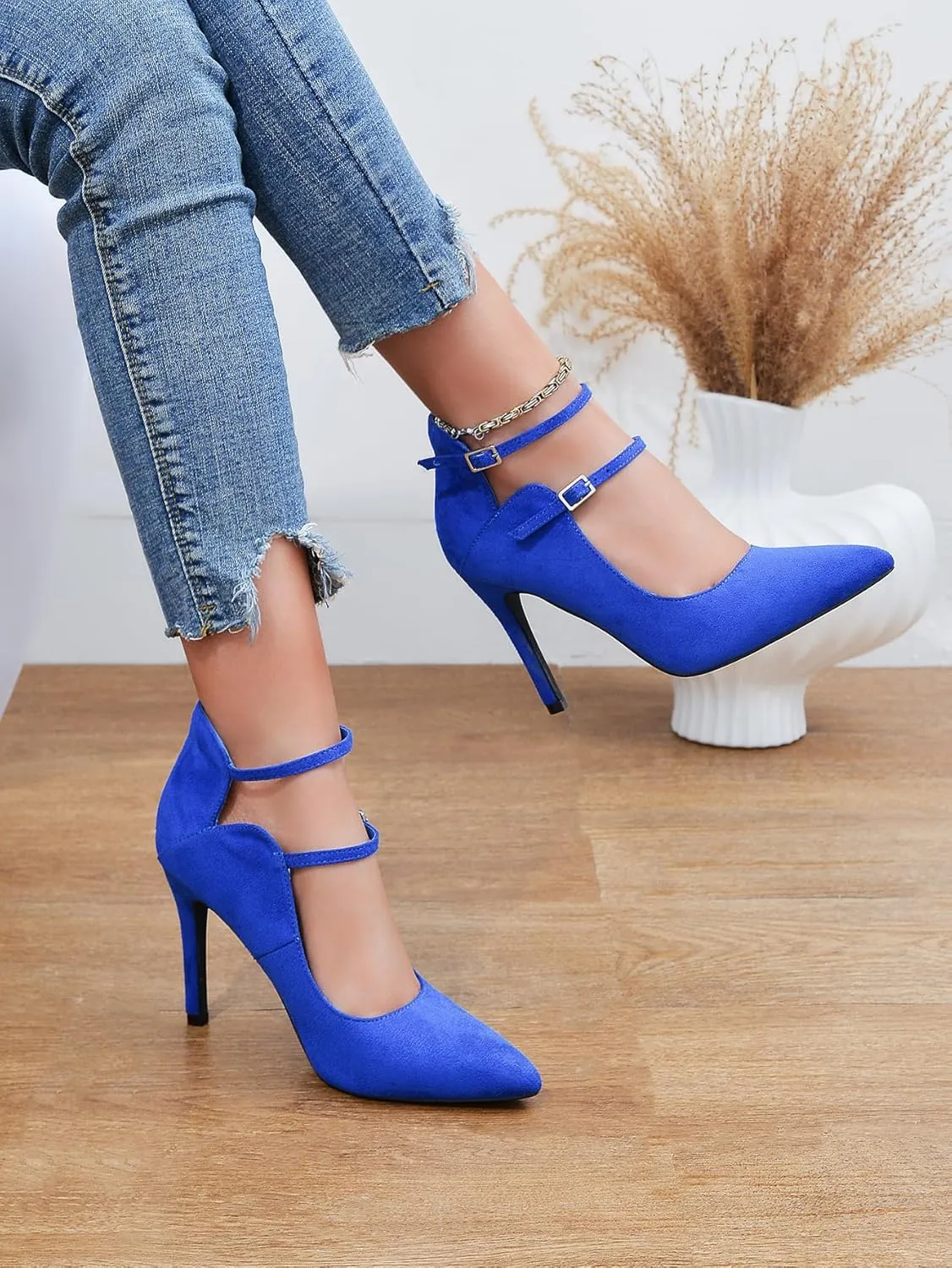 High Heels Pumps for Women 3.7-Inch Closed Toe Pumps Dress Shoes Trendy Two Ankle Strap Pointed Toe Sexy Stiletto Heels for Prom Business Party Wedding