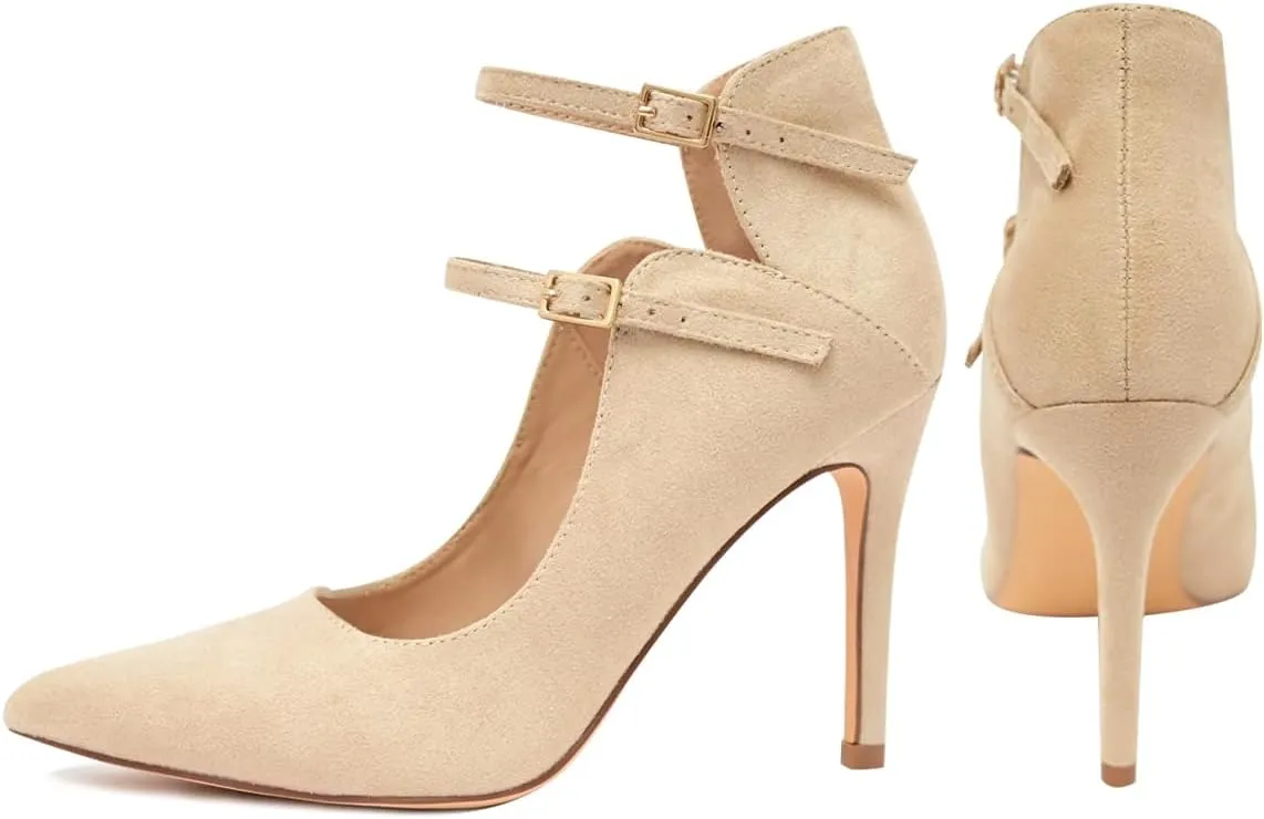 High Heels Pumps for Women 3.7-Inch Closed Toe Pumps Dress Shoes Trendy Two Ankle Strap Pointed Toe Sexy Stiletto Heels for Prom Business Party Wedding