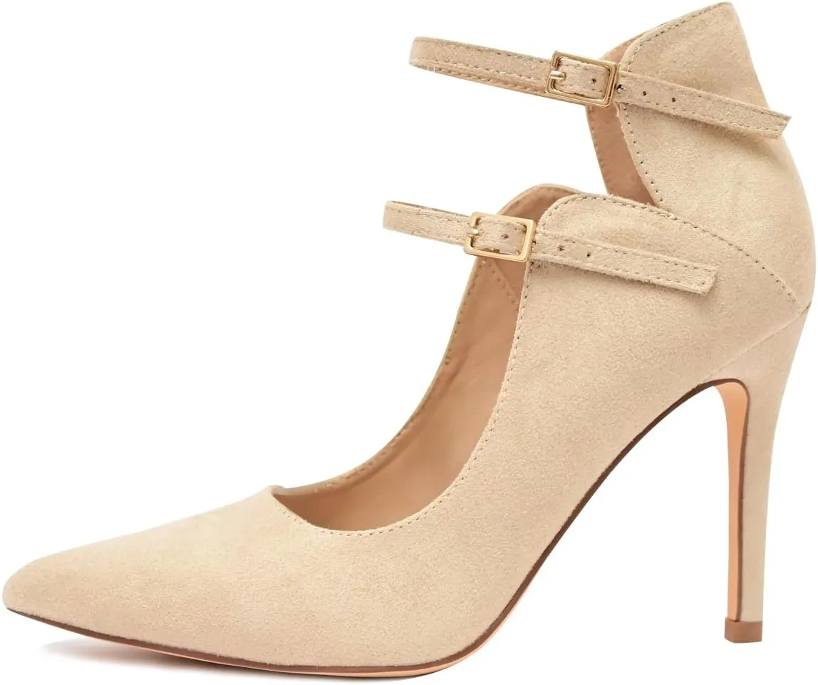 High Heels Pumps for Women 3.7-Inch Closed Toe Pumps Dress Shoes Trendy Two Ankle Strap Pointed Toe Sexy Stiletto Heels for Prom Business Party Wedding