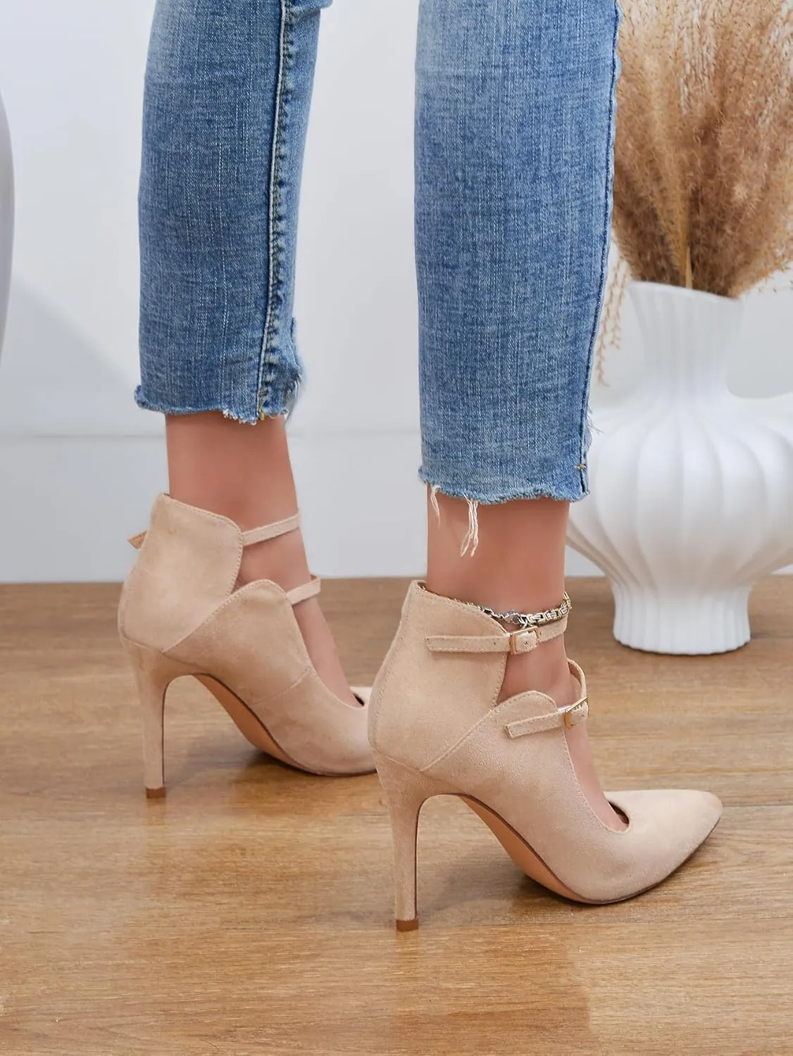 High Heels Pumps for Women 3.7-Inch Closed Toe Pumps Dress Shoes Trendy Two Ankle Strap Pointed Toe Sexy Stiletto Heels for Prom Business Party Wedding