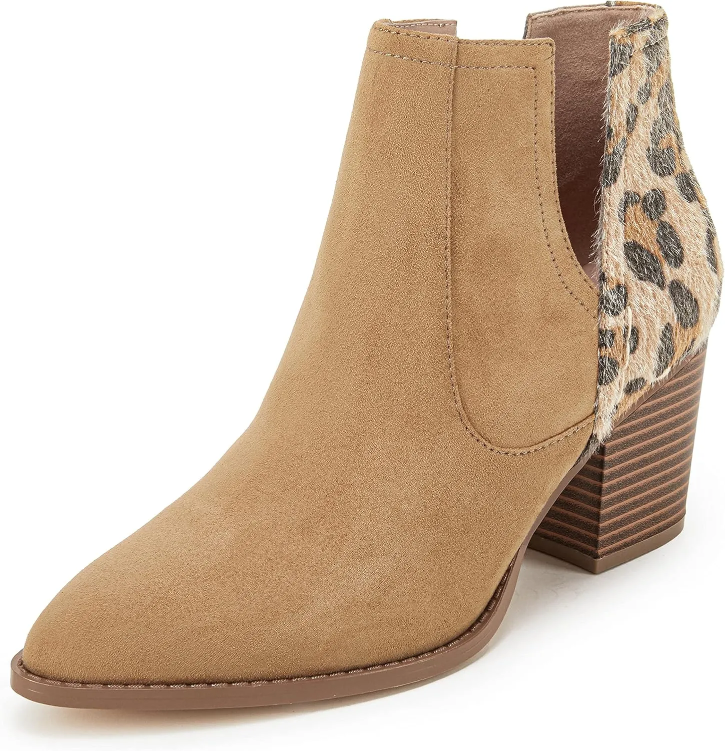 Huiyuzhi Womens Ankle Boots Slip on Cutout Pointed Toe Snakeskin Chunky Stacked Mid Heel Bootie