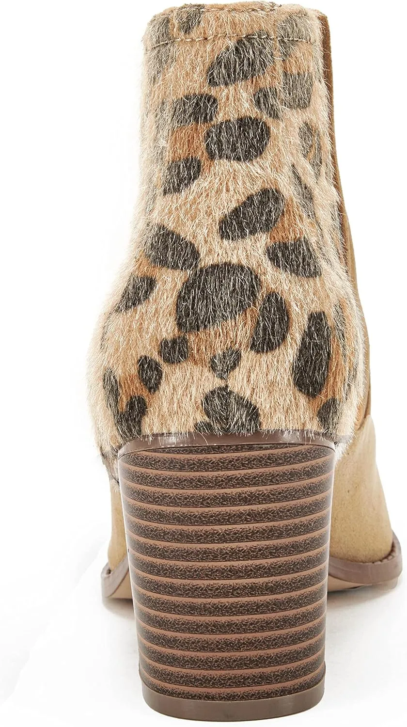 Huiyuzhi Womens Ankle Boots Slip on Cutout Pointed Toe Snakeskin Chunky Stacked Mid Heel Bootie