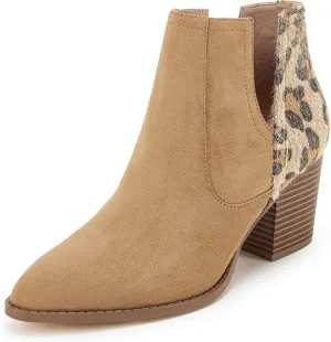 Huiyuzhi Womens Ankle Boots Slip on Cutout Pointed Toe Snakeskin Chunky Stacked Mid Heel Bootie