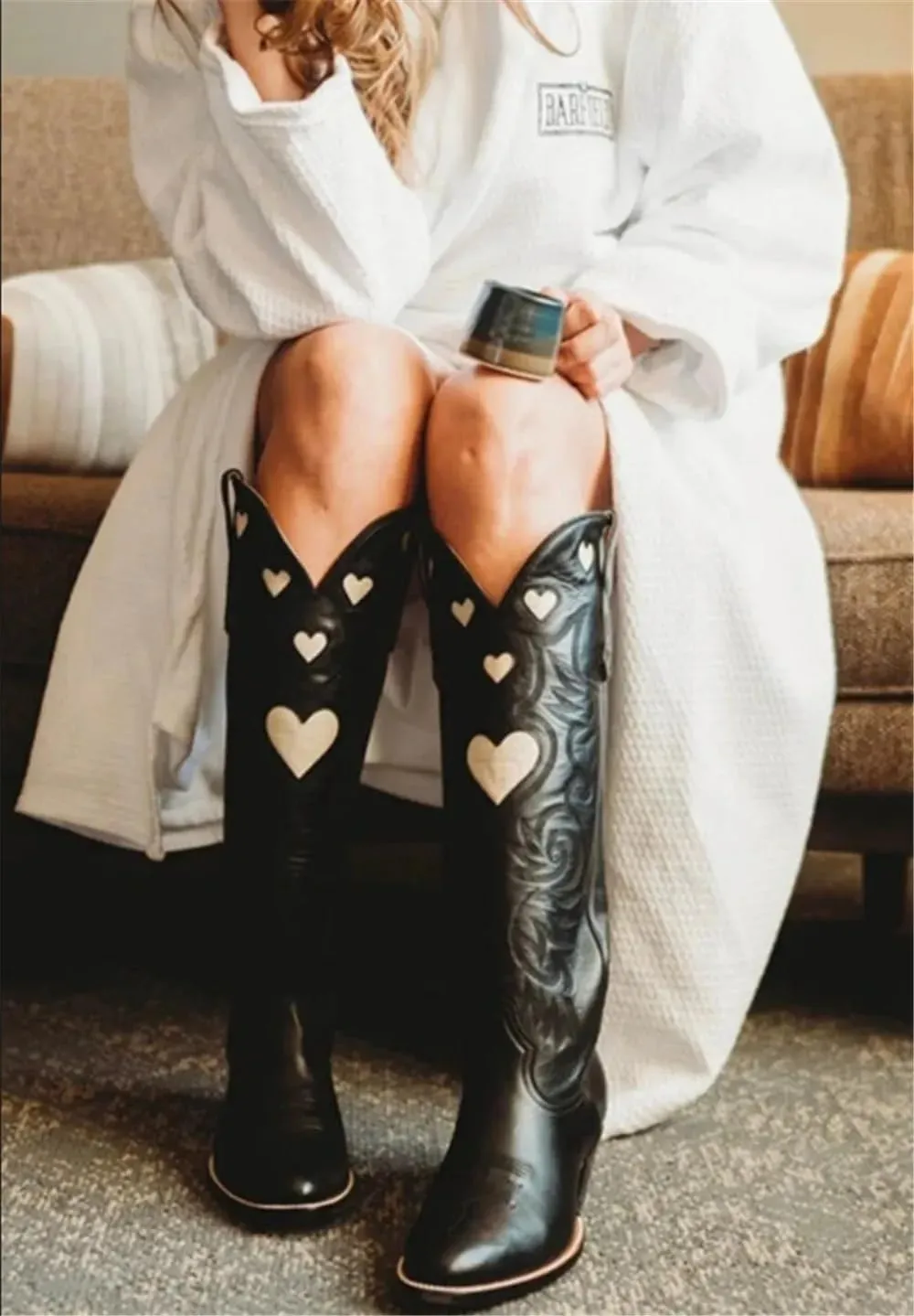 Huntarry Heart Boots for Women Red Cowboy Boots Embroidered Inlay Heart Knee High Round Toe Boots Chunky Heel Cowgirl Boots Valentines Day Boots