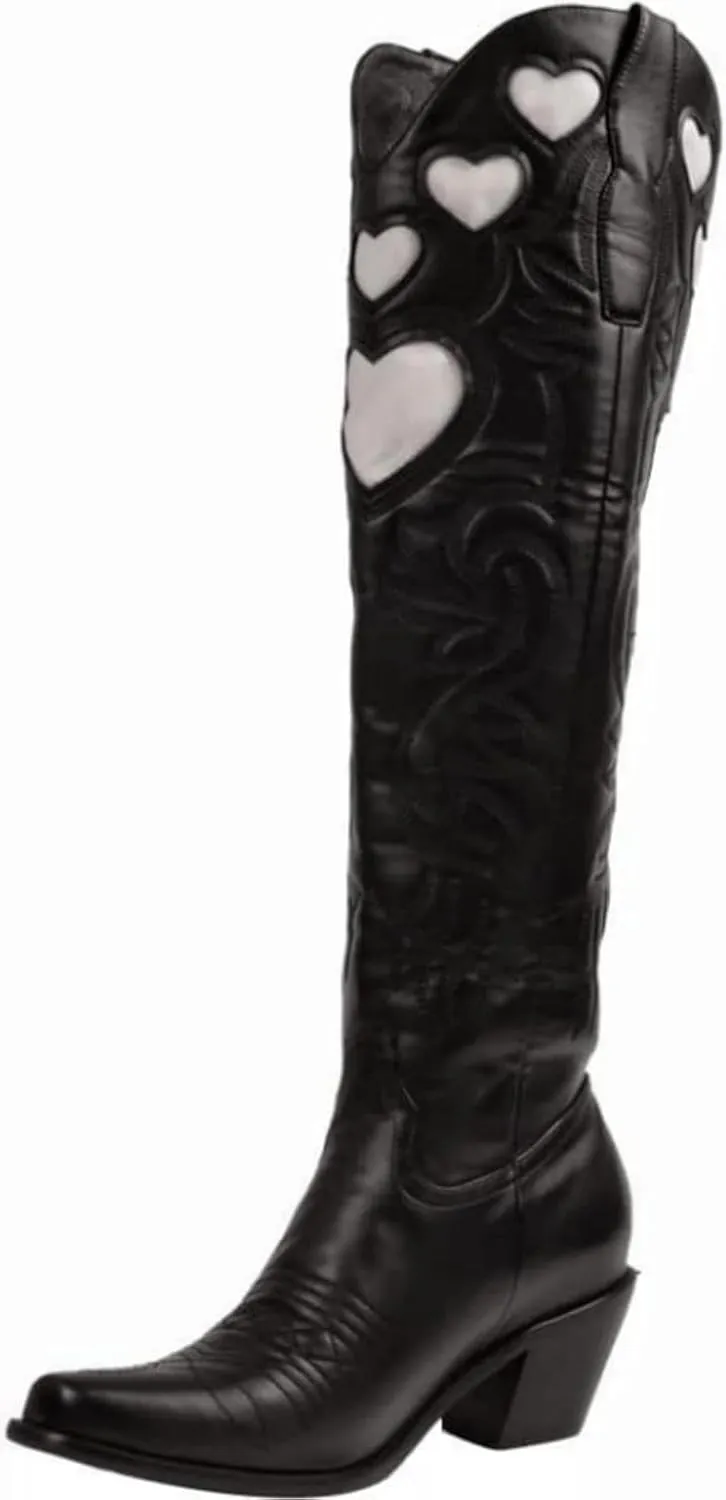Huntarry Heart Boots for Women Red Cowboy Boots Embroidered Inlay Heart Knee High Round Toe Boots Chunky Heel Cowgirl Boots Valentines Day Boots