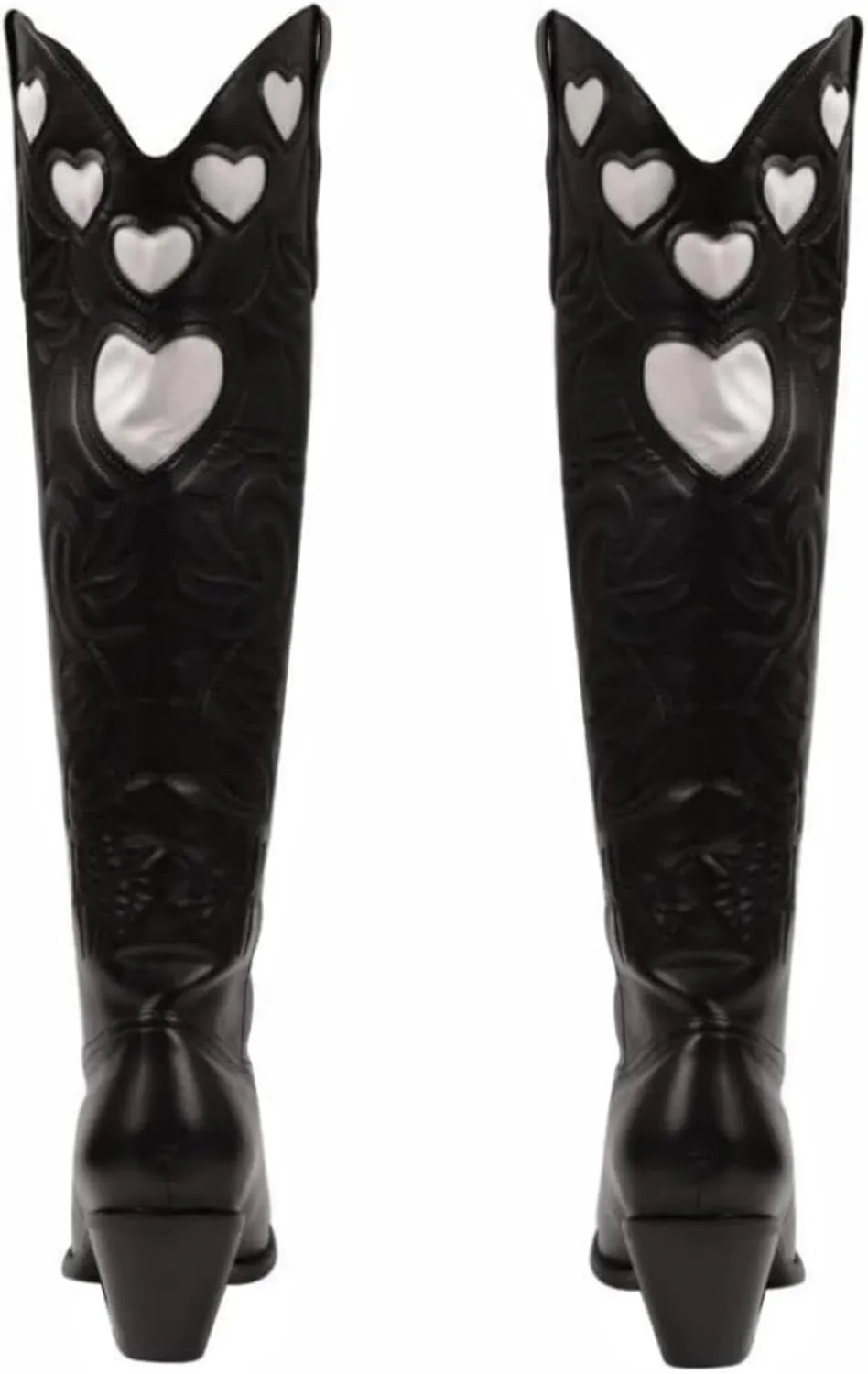 Huntarry Heart Boots for Women Red Cowboy Boots Embroidered Inlay Heart Knee High Round Toe Boots Chunky Heel Cowgirl Boots Valentines Day Boots