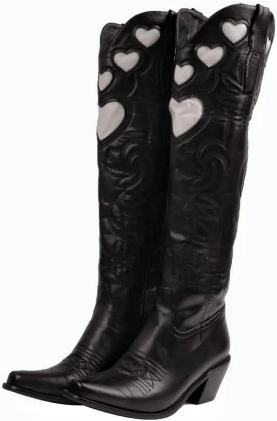 Huntarry Heart Boots for Women Red Cowboy Boots Embroidered Inlay Heart Knee High Round Toe Boots Chunky Heel Cowgirl Boots Valentines Day Boots