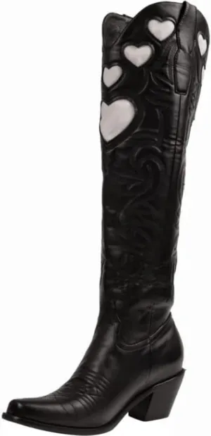 Huntarry Heart Boots for Women Red Cowboy Boots Embroidered Inlay Heart Knee High Round Toe Boots Chunky Heel Cowgirl Boots Valentines Day Boots