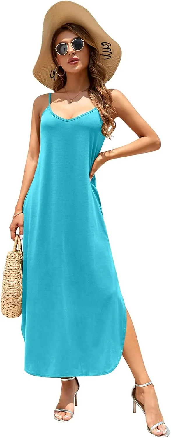 HUSKARY Women's Summer Casual Sleeveless V Neck Strappy Split Loose Dress Beach Cover Up Long Cami Maxi Dresses with Pocket