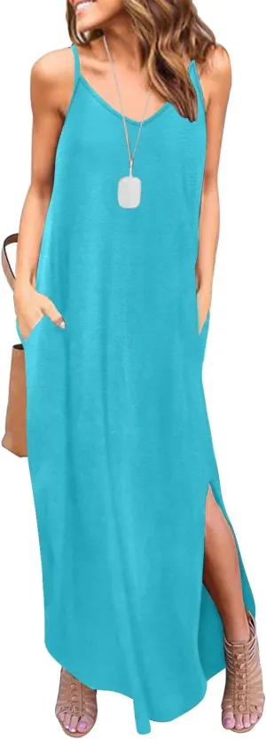 HUSKARY Women's Summer Casual Sleeveless V Neck Strappy Split Loose Dress Beach Cover Up Long Cami Maxi Dresses with Pocket