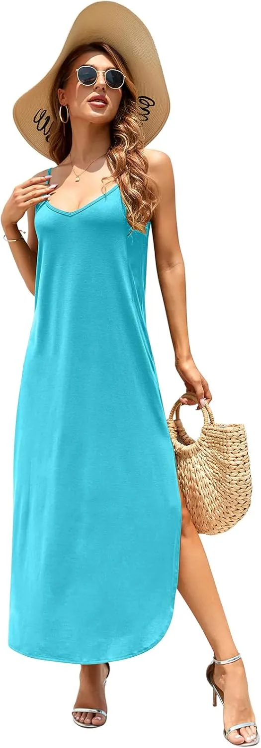 HUSKARY Women's Summer Casual Sleeveless V Neck Strappy Split Loose Dress Beach Cover Up Long Cami Maxi Dresses with Pocket