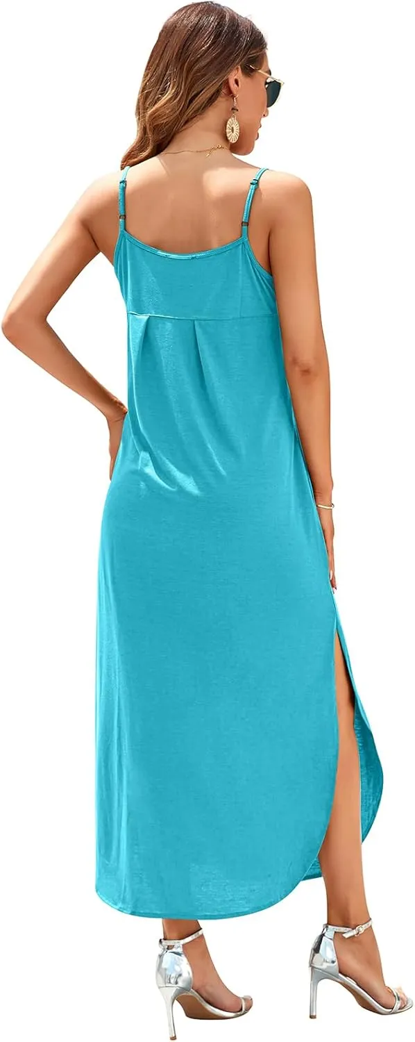 HUSKARY Women's Summer Casual Sleeveless V Neck Strappy Split Loose Dress Beach Cover Up Long Cami Maxi Dresses with Pocket