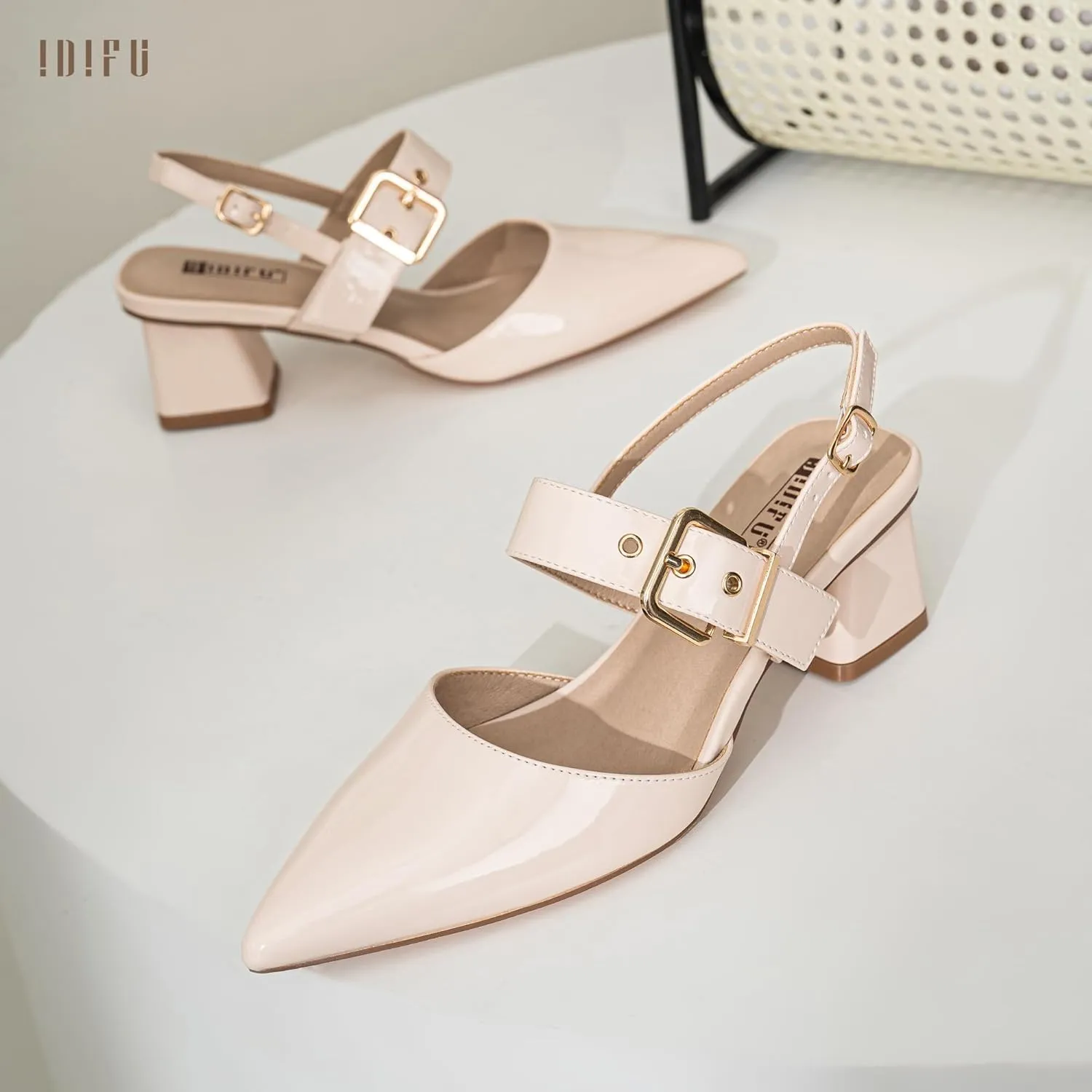 IDIFU IN2 Women's Pumps Closed Toe Chunky Block Slingback Heels Wedding Bridal Bride Prom Formal Dress Shoes for Women Dressy Casual Comfortable Cute Trendy Pointed Toe Low Short Thick Heels