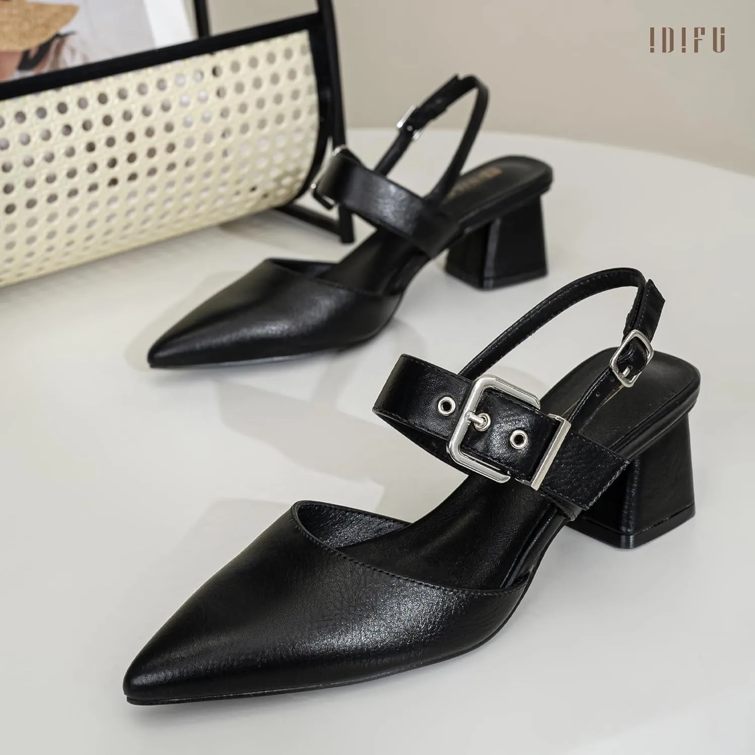 IDIFU IN2 Women's Pumps Closed Toe Chunky Block Slingback Heels Wedding Bridal Bride Prom Formal Dress Shoes for Women Dressy Casual Comfortable Cute Trendy Pointed Toe Low Short Thick Heels