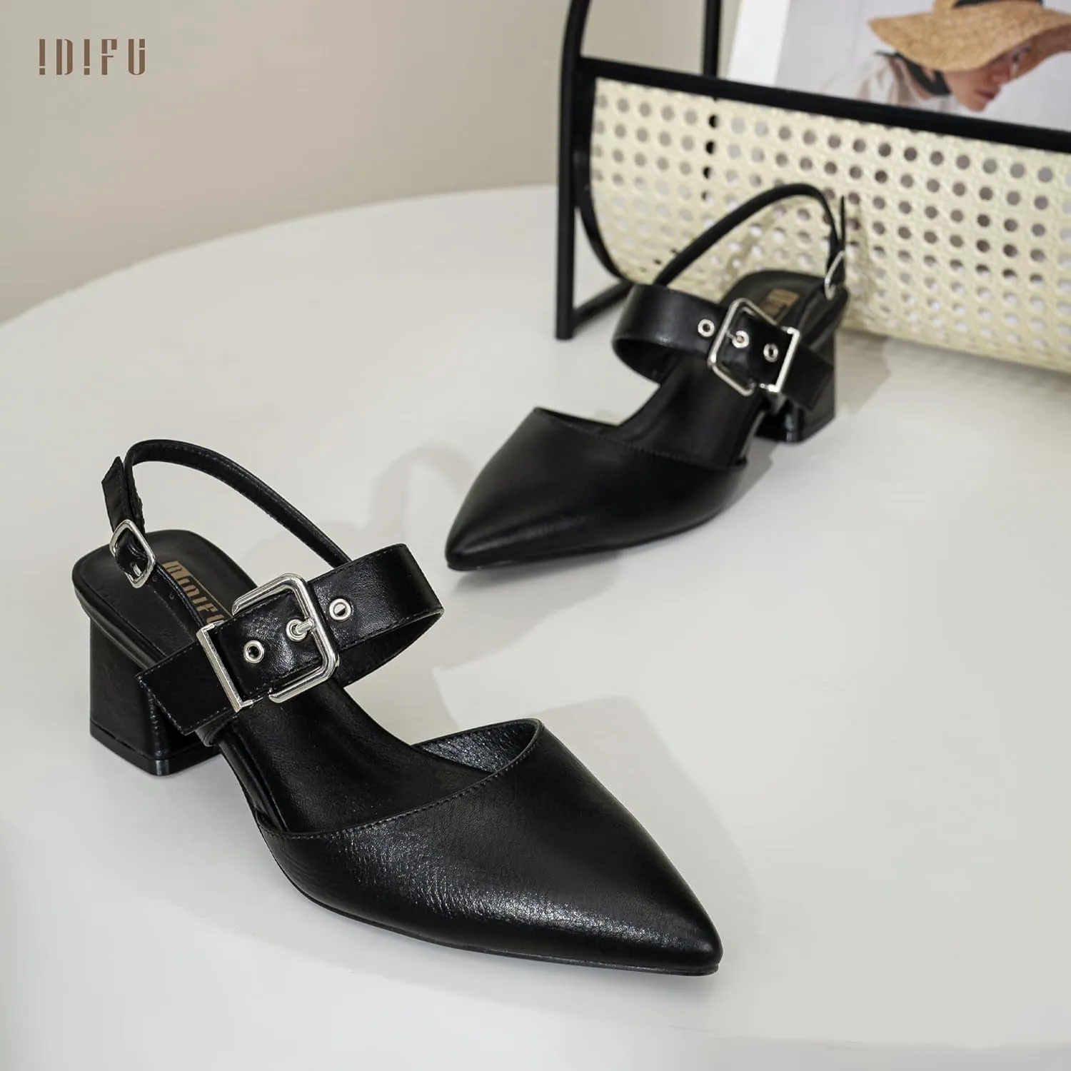 IDIFU IN2 Women's Pumps Closed Toe Chunky Block Slingback Heels Wedding Bridal Bride Prom Formal Dress Shoes for Women Dressy Casual Comfortable Cute Trendy Pointed Toe Low Short Thick Heels
