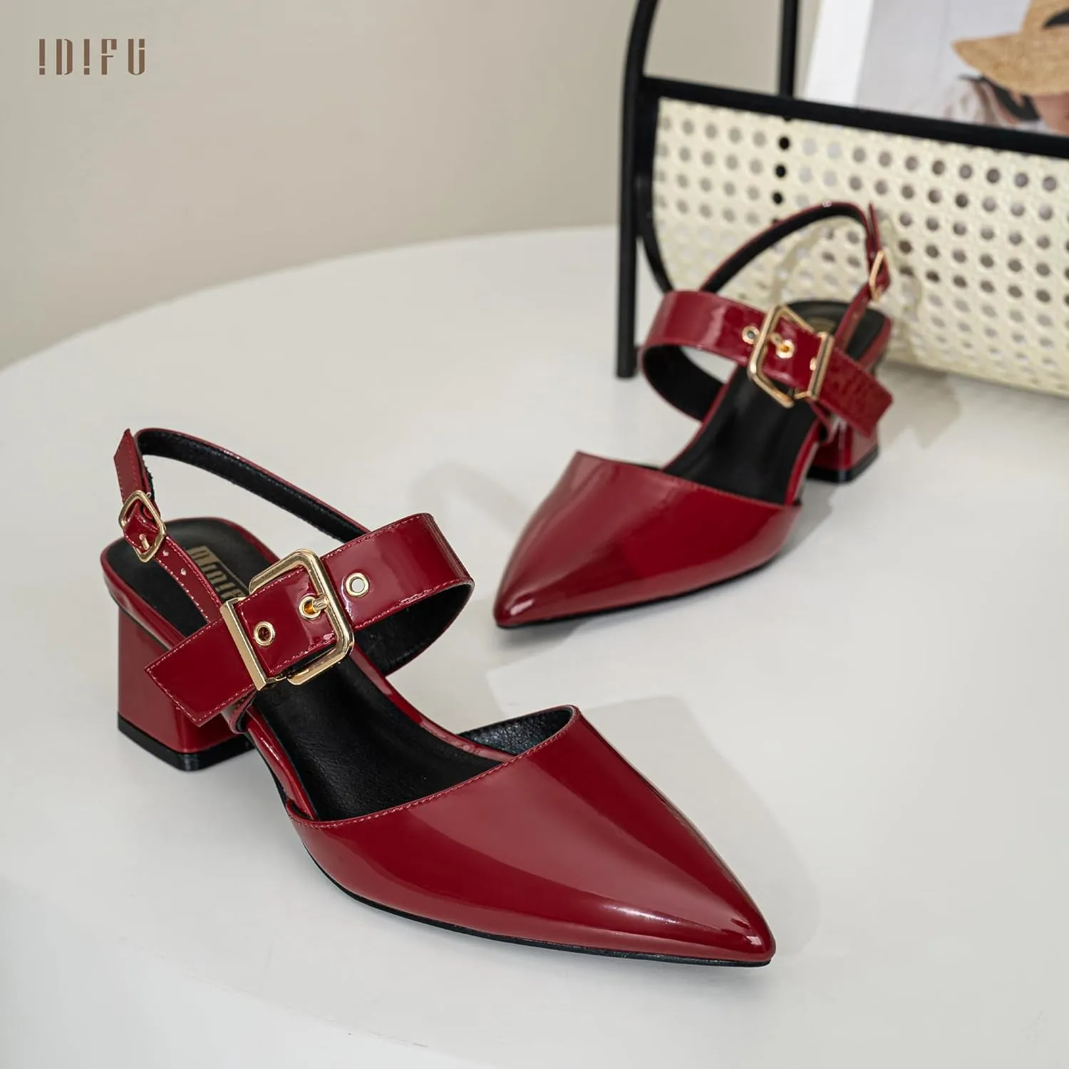 IDIFU IN2 Women's Pumps Closed Toe Chunky Block Slingback Heels Wedding Bridal Bride Prom Formal Dress Shoes for Women Dressy Casual Comfortable Cute Trendy Pointed Toe Low Short Thick Heels