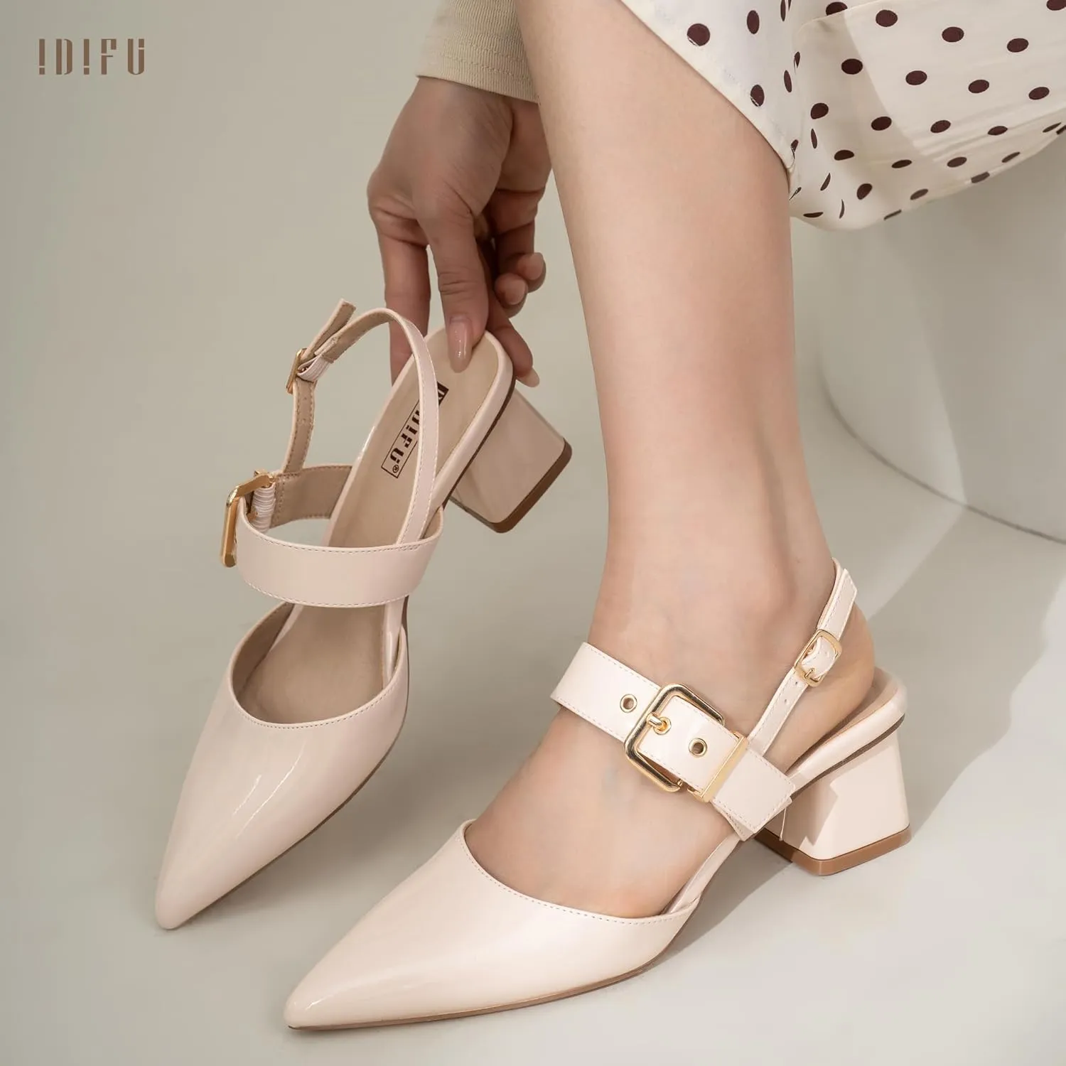 IDIFU IN2 Women's Pumps Closed Toe Chunky Block Slingback Heels Wedding Bridal Bride Prom Formal Dress Shoes for Women Dressy Casual Comfortable Cute Trendy Pointed Toe Low Short Thick Heels