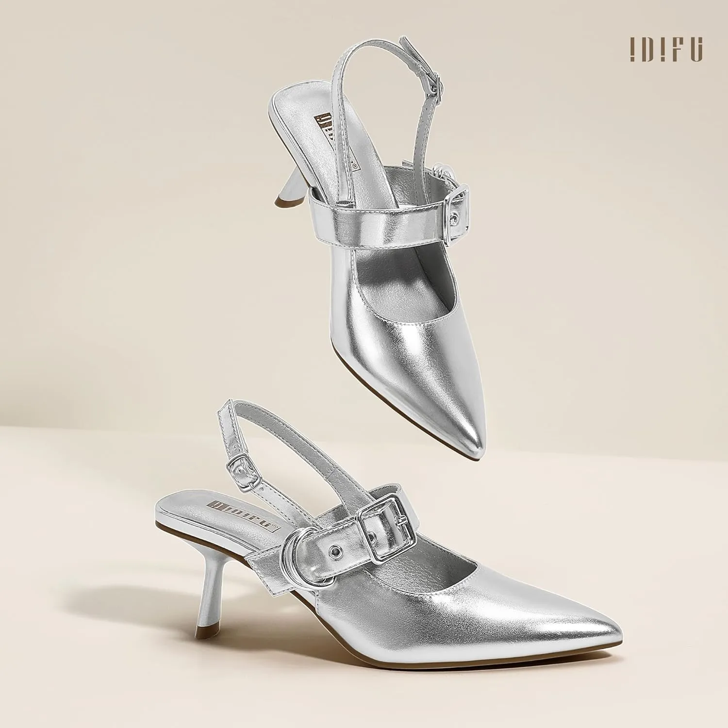 IDIFU IN3 Kitten Heels Slingback Closed Pointed Toe Low Pumps Dress Shoes for Women Bride Ladies Guest Comfortable Dressy Formal Cute Wedding Office Work Business Buckle Heels Pumps