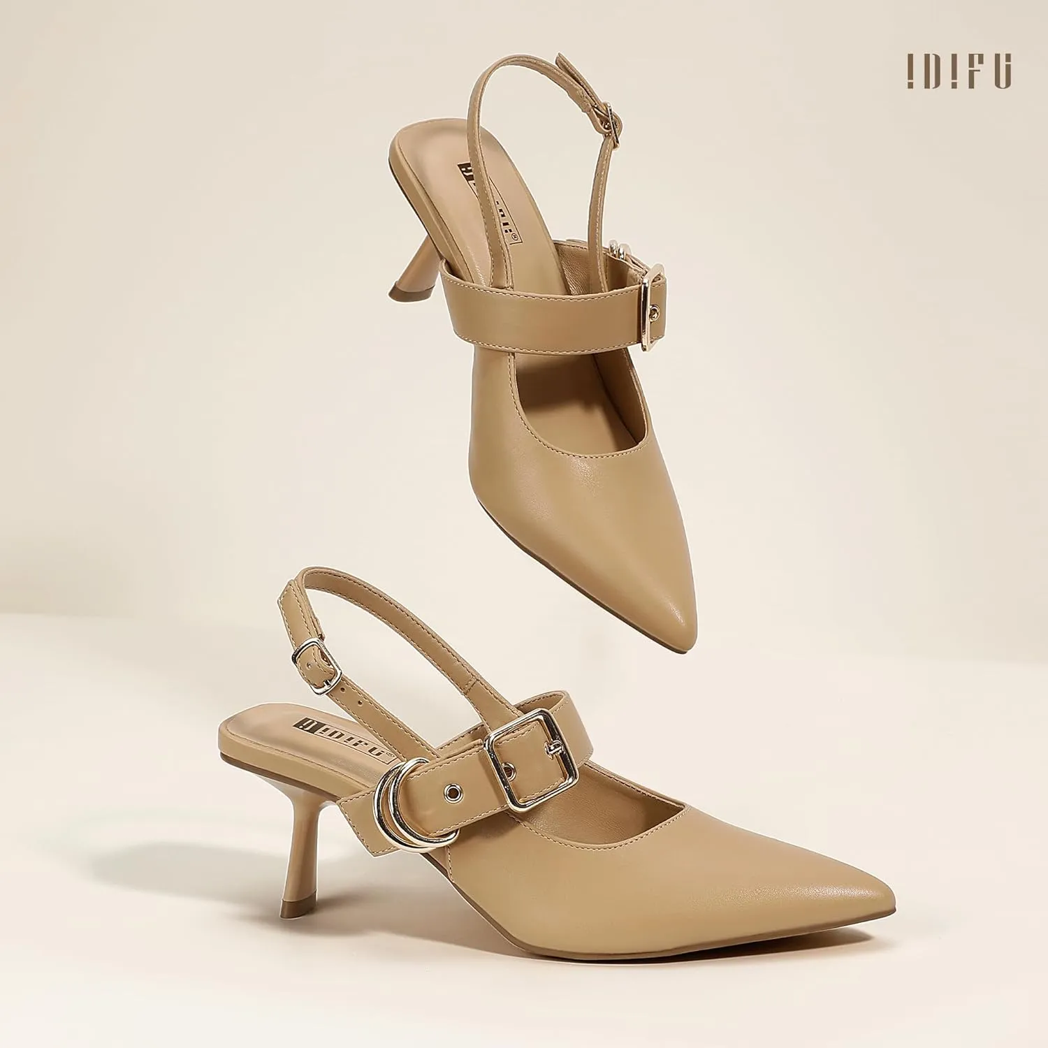 IDIFU IN3 Kitten Heels Slingback Closed Pointed Toe Low Pumps Dress Shoes for Women Bride Ladies Guest Comfortable Dressy Formal Cute Wedding Office Work Business Buckle Heels Pumps